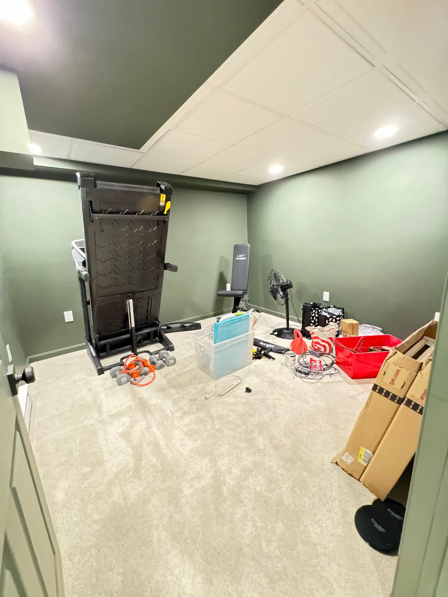 Finished basement home gym area with carpet and recessed lighting by Regulus Construction