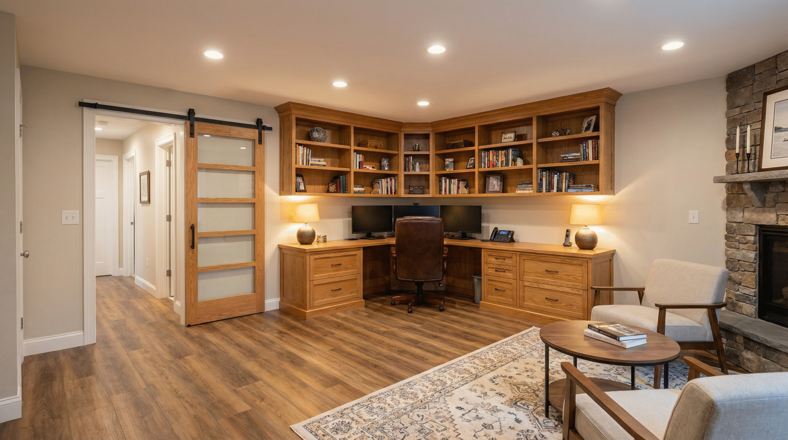 Finished basement home office with built-in shelving in MetroWest MA by Regulus Construction