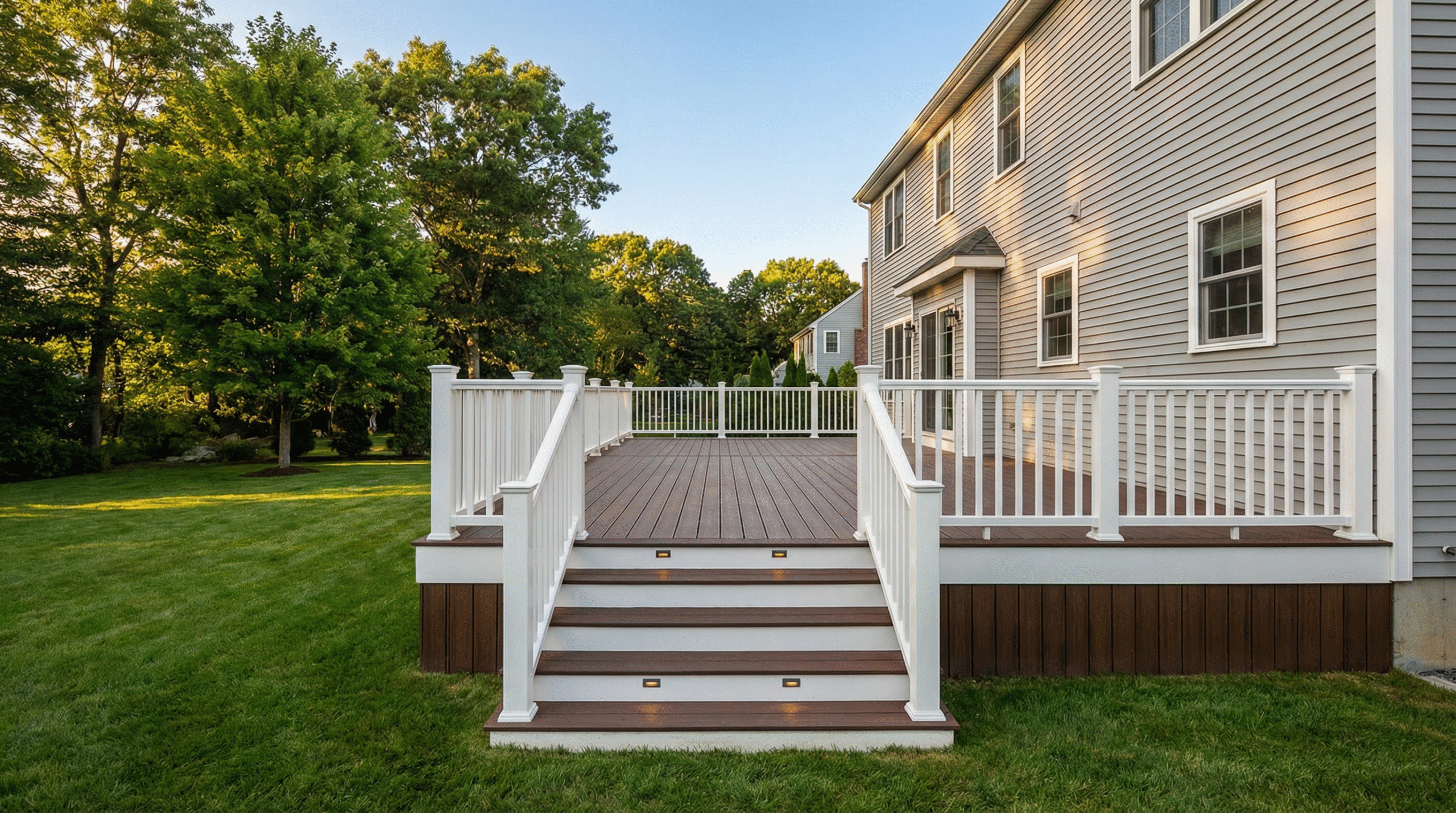 Elevated raised deck with wide stairs and landing built by Regulus Construction in Milford MA