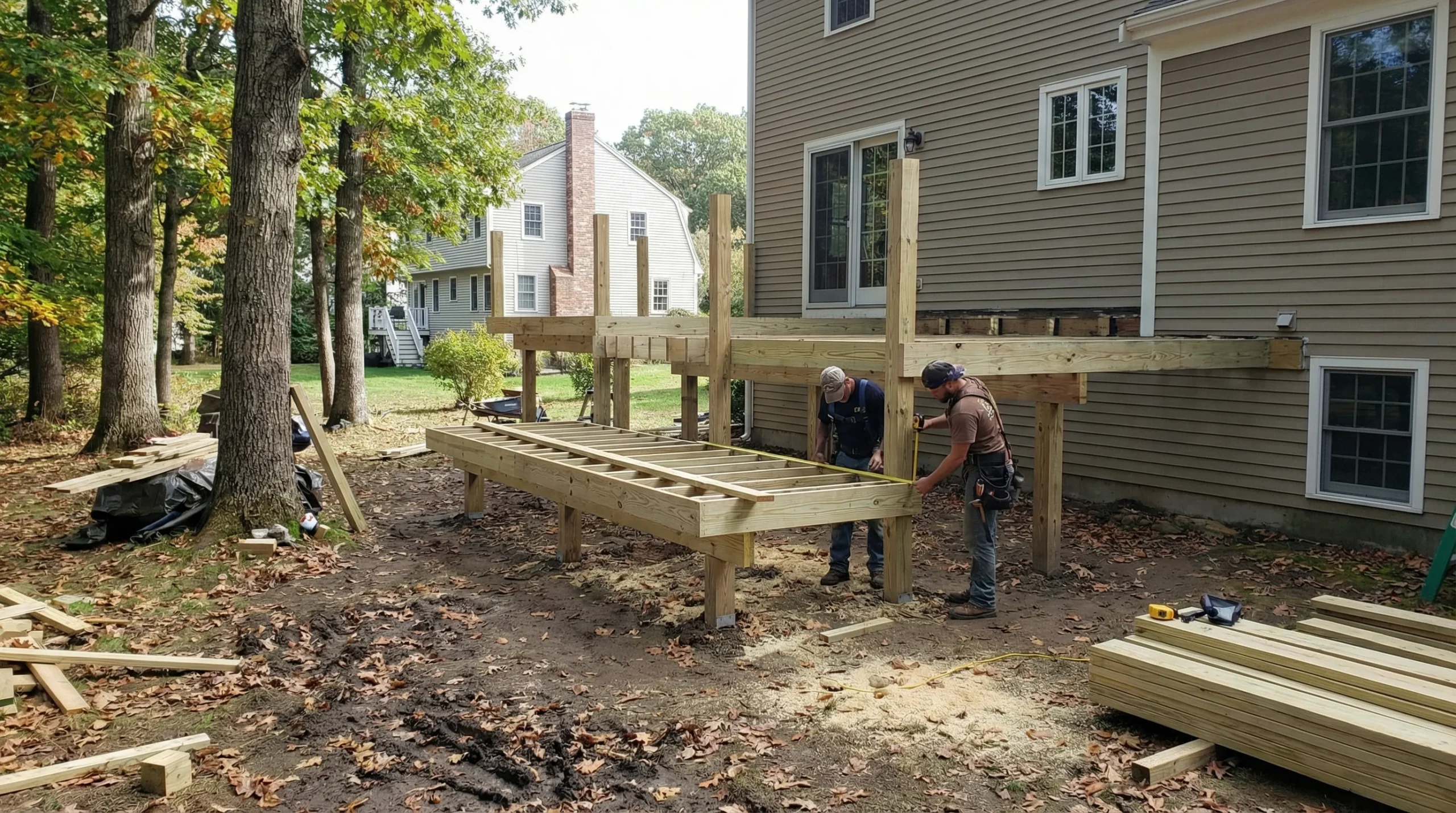 Professional deck framing and construction in progress in Massachusetts