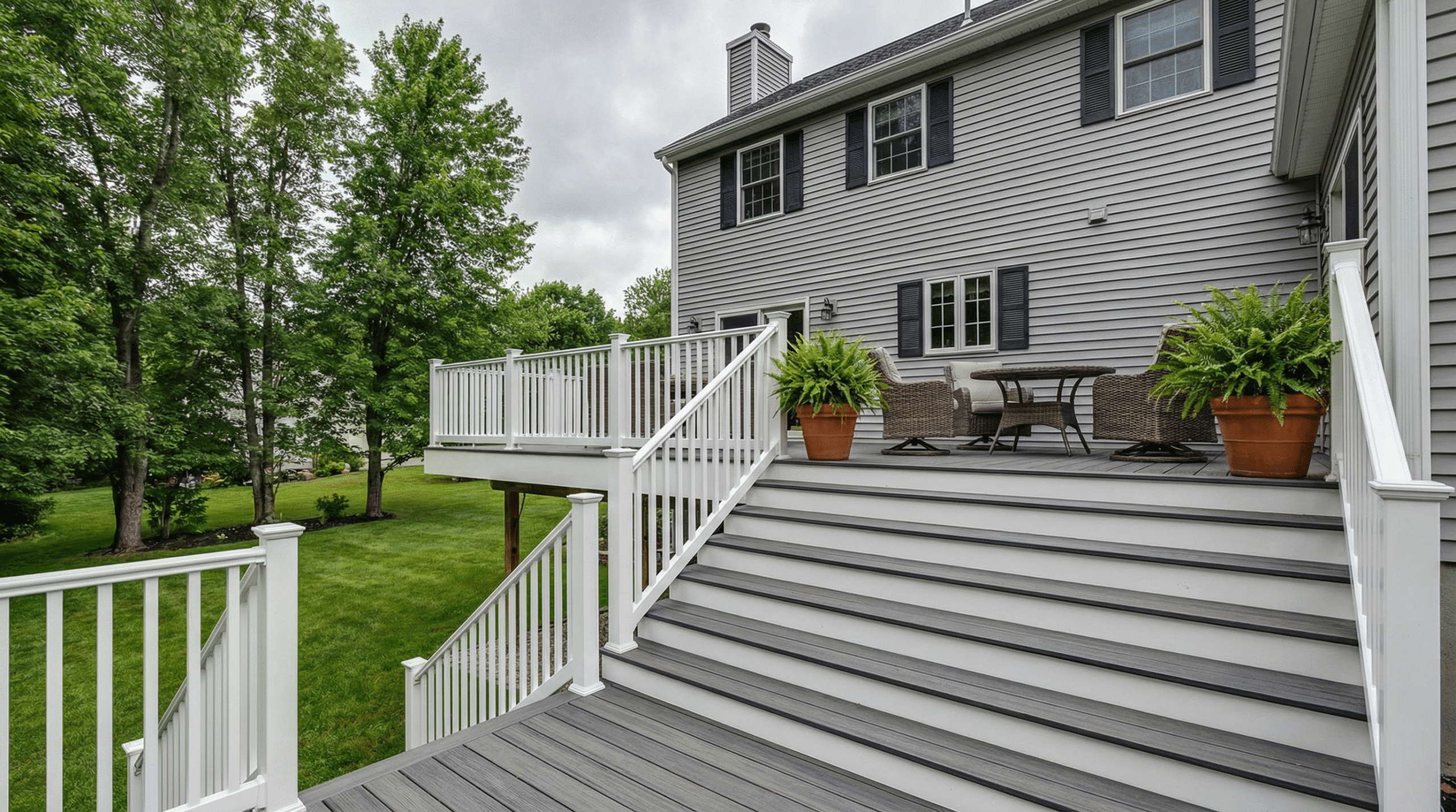 Multi-level deck with stairs built by Regulus Construction in Massachusetts