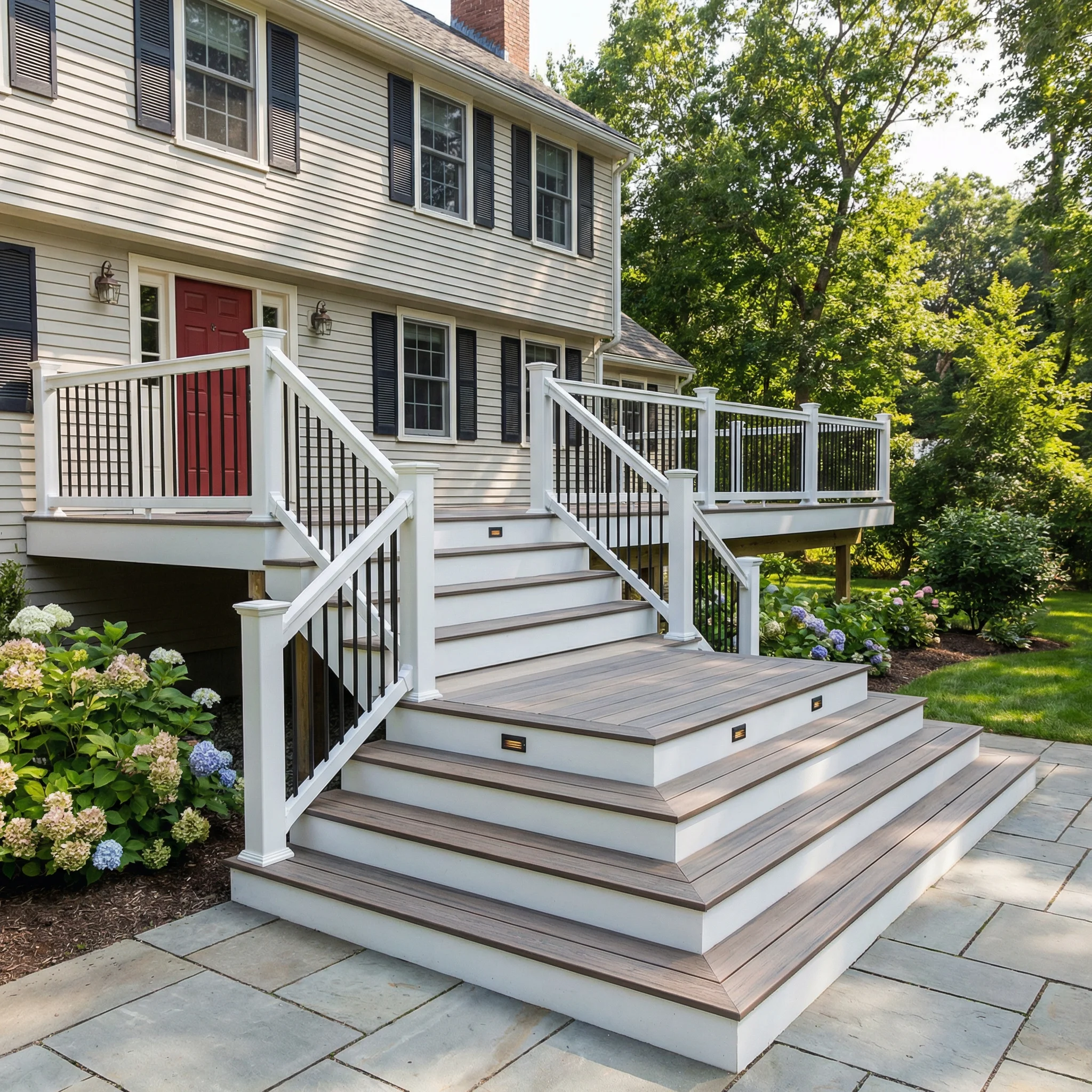 Elevated raised deck with wide stairs and landing in Massachusetts
