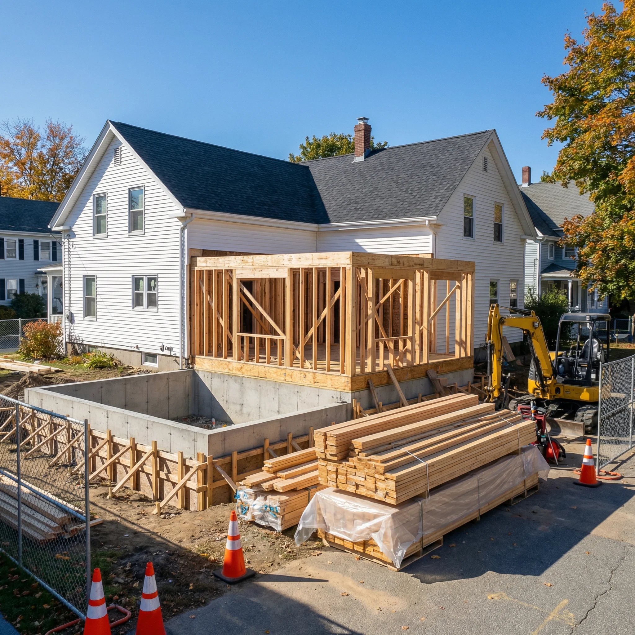 Framing and foundation phase of a residential home addition project in Massachusetts