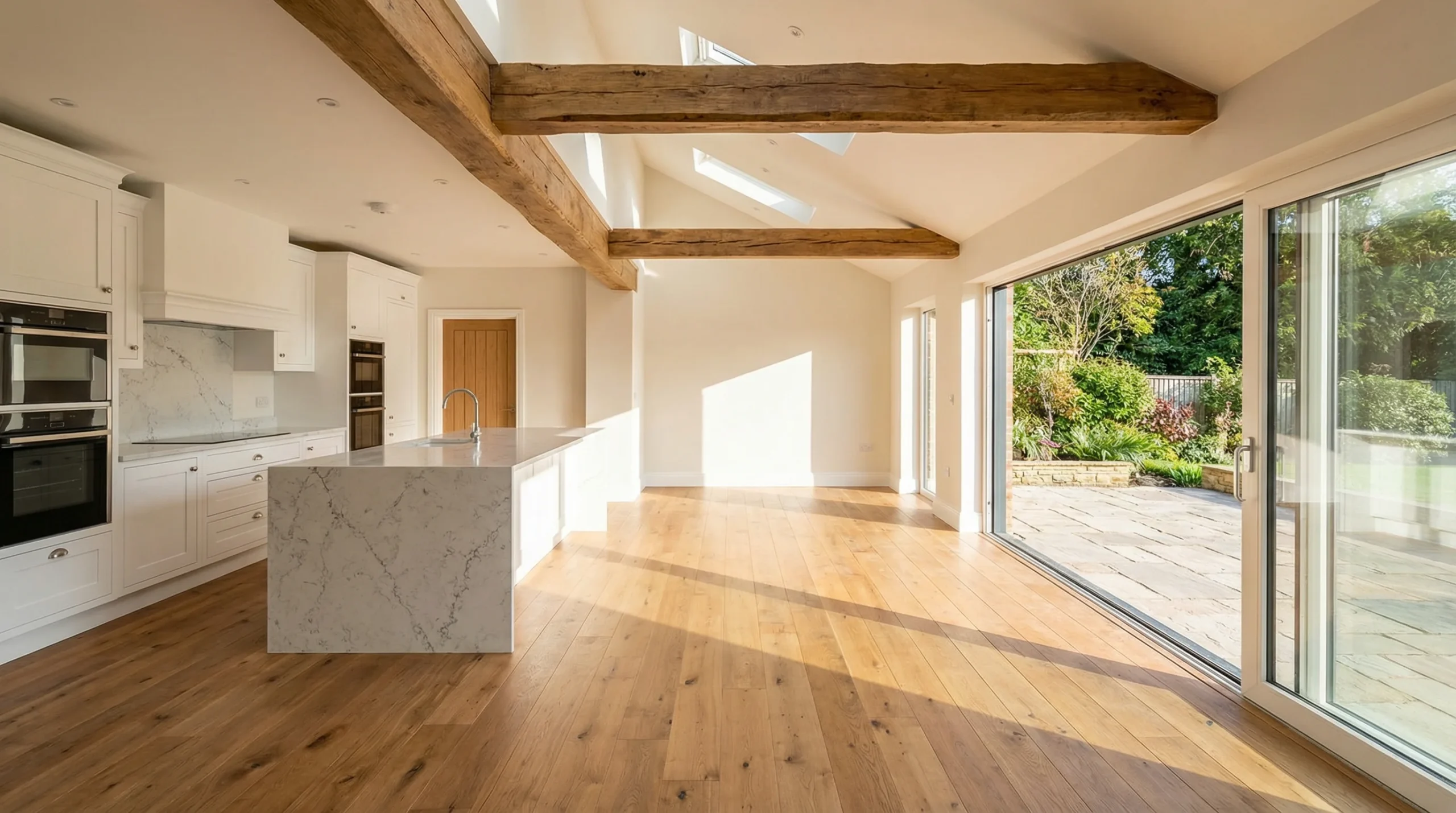 Interior view of an open concept kitchen flowing into a new family room addition