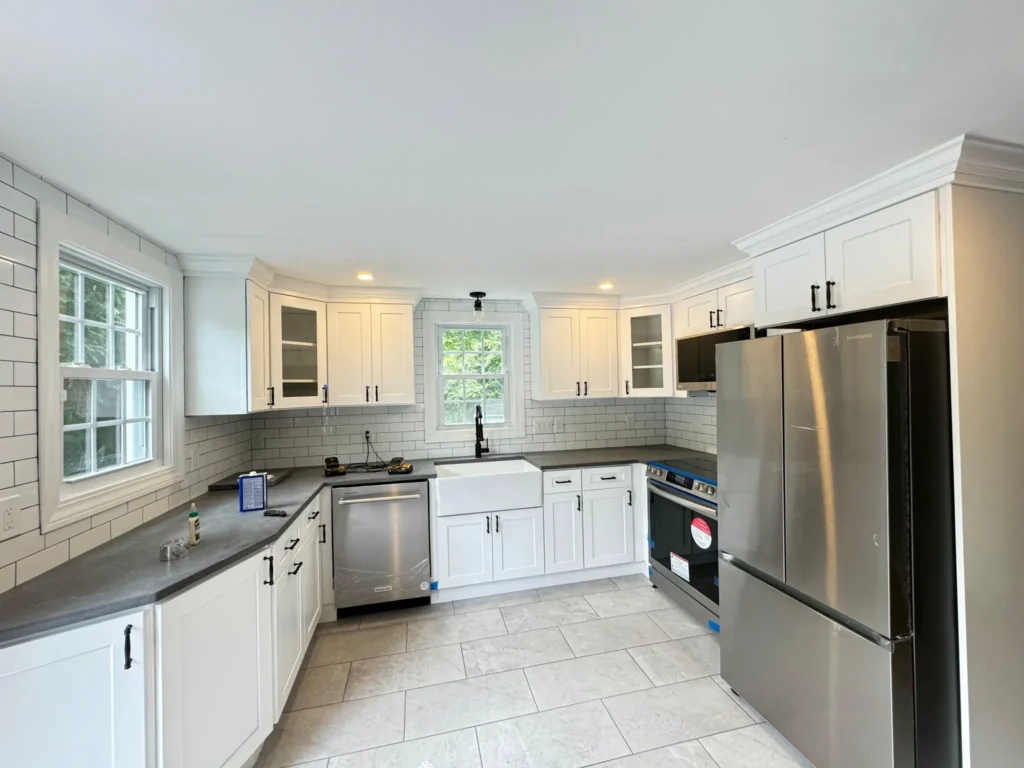 Modern white kitchen with quartz countertops